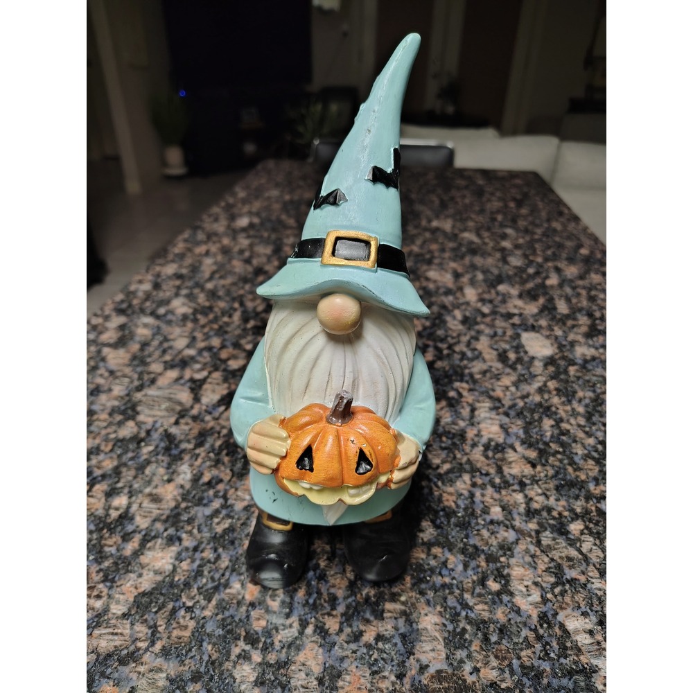 Blue Halloween Wizard Gnome Figurine with Jack-O-Lantern and Bats Decor
